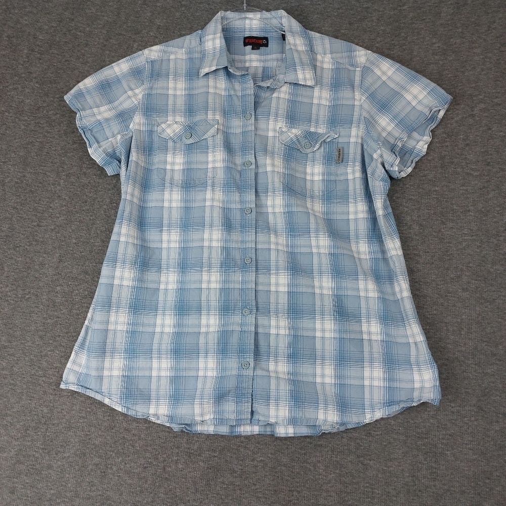 WOLVERINE WOMEN BLUE WHITE PLAID SHORT SLEEVE WORK WESTERN BUTTON FRONT SHIRT XL